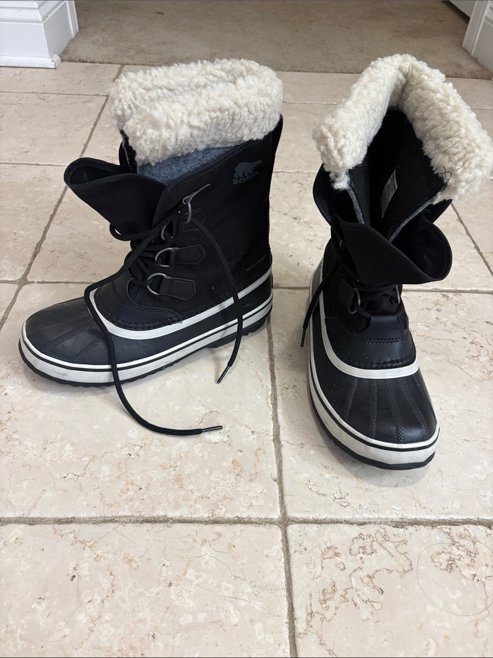 Sorel Black and White Women's Winter Rain Boots with Shearling Collar